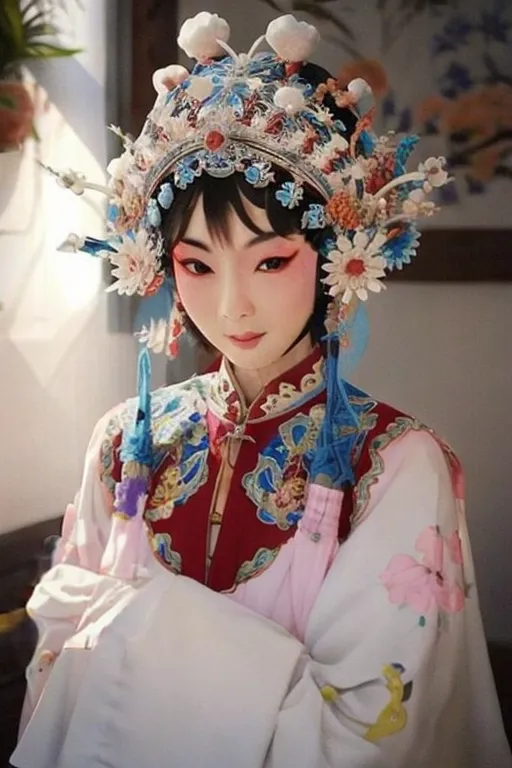 La imagen muestra a una mujer joven con un traje tradicional de ópera china. Lleva un tocado rojo y azul con muchas flores y otros adornos. El tocado se llama \