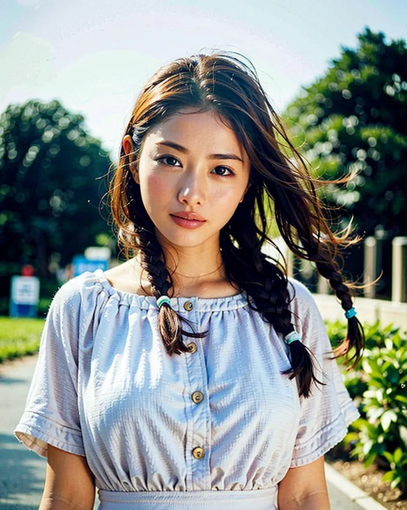 The picture shows a young woman with long dark hair. Her hair is styled with two thin braids that are tied at the ends with small green hair ties. The woman is wearing a light blue off-the-shoulder dress with buttons down the front. The dress has short sleeves. The woman is standing outside in a park. There are trees and bushes in the background. The woman is looking at the camera with a soft smile on her face.