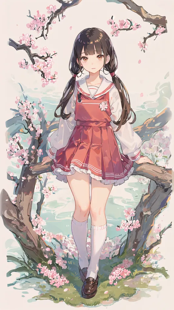 The image is a painting of a young girl with long brown hair and brown eyes. She is wearing a red and white sailor-style dress with a white collar and a red bow. She is also wearing white socks and brown shoes. The girl is standing on a branch of a tree, which is covered in pink blossoms. The background of the image is a blurred landscape of a lake and mountains. The girl is looking at the viewer with a shy expression.