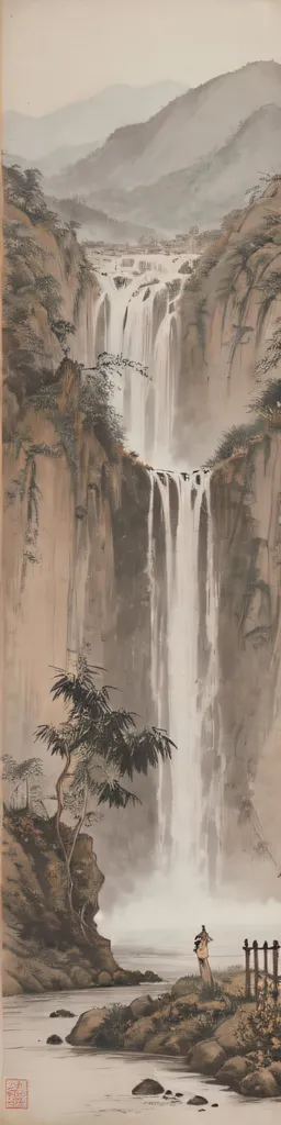 The image is a Chinese painting of a waterfall. The waterfall is in the center of the painting, and it is surrounded by mountains. There is a small tree in the foreground, and a man is standing in the lower left corner of the painting. The painting is done in a realistic style, and the artist has used a variety of techniques to create a sense of depth and atmosphere. The painting is also very detailed, and the artist has taken care to capture the beauty of the natural world.