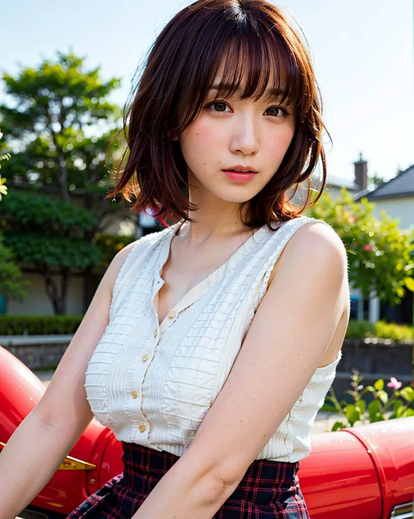 The image shows a young Japanese woman with short brown hair and bangs. She is wearing a white sleeveless blouse and a gray pleated skirt. She is sitting on a red motorcycle and looking at the camera with a serious expression. She has a small smile on her face. The background is a blurred image of a street with trees and houses.