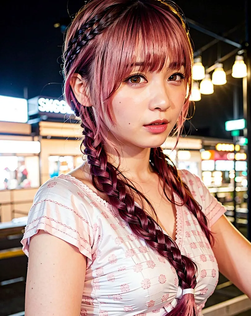 The image shows a young woman with pink hair and brown eyes. She is wearing a white and pink patterned dress with a sweetheart neckline. Her hair is styled with two French braids that are tied at the ends with pink ribbons. She is standing in front of a blurred background of city lights at night.