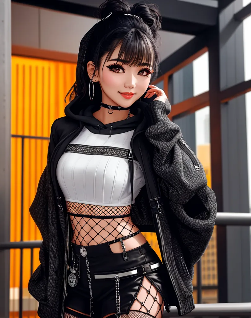 Gambar ini adalah lukisan digital seorang wanita muda dengan rambut hitam panjang, mata biru, dan kulit putih. Dia mengenakan hoodie hitam, crop top putih, dan celana pendek hitam. Dia juga mengenakan kemeja jaring dan sepatu bot hitam. Wanita itu berdiri di depan latar belakang kuning, dan dia memiliki ekspresi percaya diri di wajahnya.