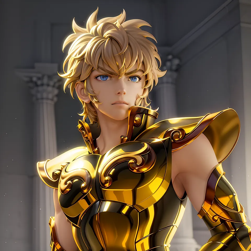 Esta es una imagen de un hombre joven con cabello rubio y ojos azules. Está usando una armadura dorada y tiene una expresión seria en su rostro. Está de pie en un entorno similar a un templo. Probablemente sea un personaje de la serie de anime o manga Saint Seiya.