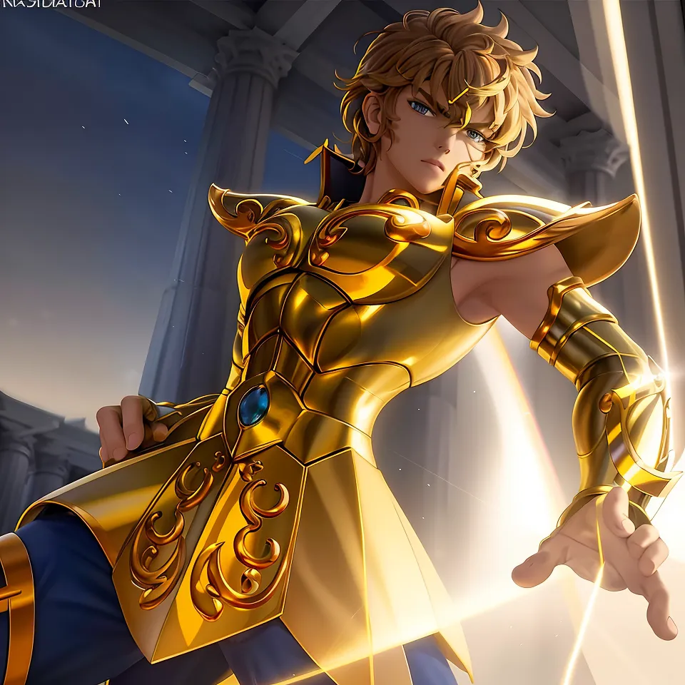 This is an illustration of a young man with blond hair and blue eyes. He is wearing a golden armor and a blue cape. He has a determined expression on his face and seems to be ready to fight. The background is a blur of light and dark colors.