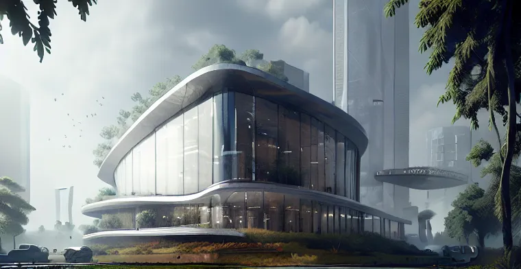 The image is set in a futuristic city. There is a large, modern building in the center of the image. The building is made of glass and metal and has a curved roof. There are trees and plants growing on the roof of the building. There are also trees and plants growing on either side of the building. There is a road in front of the building and there are cars parked on the road. There are also people walking on the road. The sky is cloudy and there is a hint of rain in the air.