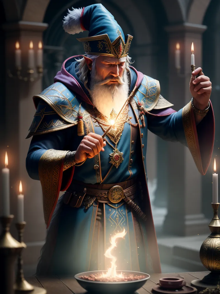 The image shows a tall, bearded man wearing a blue and gold robe with a white beard. He is standing in a dark room, surrounded by candles. He is holding a staff in his right hand and is pointing it at a small flame that is floating in the air in front of him. He has a serious look on his face, and it is clear that he is concentrating on the task at hand.