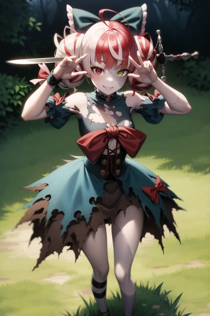 The image is of an anime girl with red and white hair, red eyes, and a beauty mark under her left eye. She is wearing a tattered blue and red dress with a white camisole underneath and a large red bow in her hair. She is also wearing black boots with red laces. She is standing in a forest, surrounded by green trees. She is holding a sword in her right hand and making a peace sign with her left hand. She has a playful expression on her face.