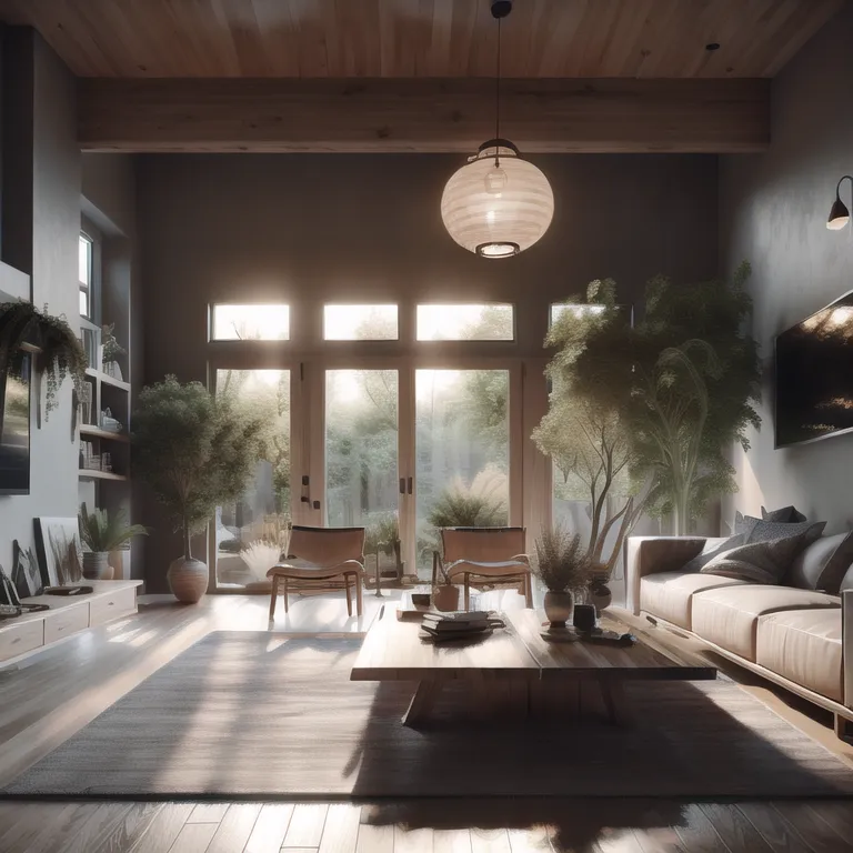 L'image représente un salon avec une grande fenêtre, une table basse en bois, deux fauteuils et un canapé. La pièce est décorée dans un style moderne avec du bois clair et des murs blancs. Les grandes fenêtres laissent entrer beaucoup de lumière naturelle. Il y a des plantes devant les fenêtres. Il y a un tapis gris au sol. Il y a un téléviseur et des étagères à livres sur un mur. Il y a une peinture sur un autre mur. La pièce est très lumineuse et aérée.