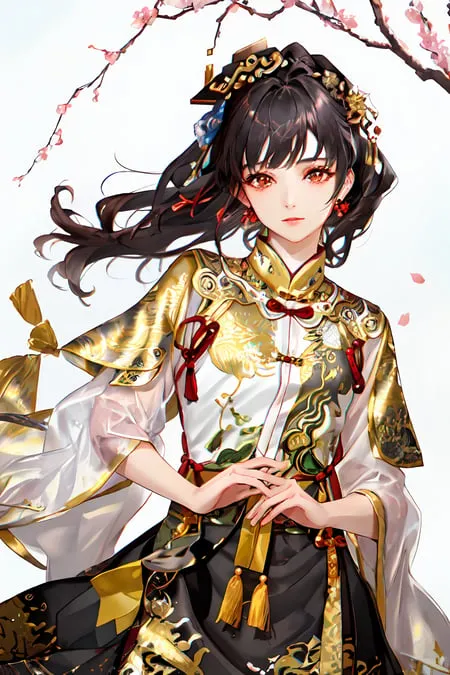 The image shows a beautiful young woman with long black hair and red eyes. She is wearing a traditional Chinese dress with a white and gold cheongsam and a long black skirt with gold trim. The dress has intricate patterns of dragons and flowers. She is also wearing a number of hair accessories, including a golden hairpin and a pair of red earrings. The background of the image is a white void with a few cherry blossoms. The overall effect of the image is one of beauty and elegance.