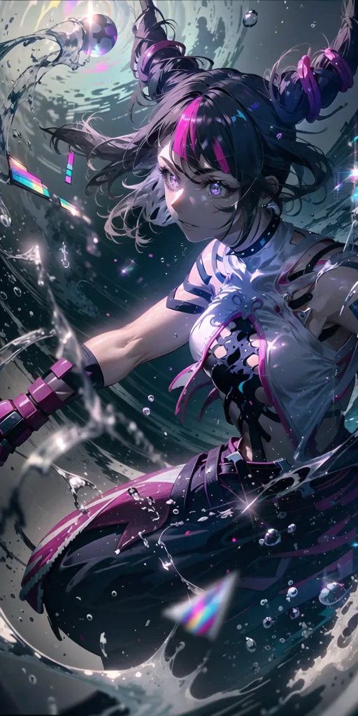 This is an image of a young woman in a black and white bodysuit with pink and blue accents. She has purple and blue hair tied up in a ponytail. She is standing in a dark, watery environment with her left arm outstretched and surrounded by splashes of water. She is also surrounded by small, glowing orbs.