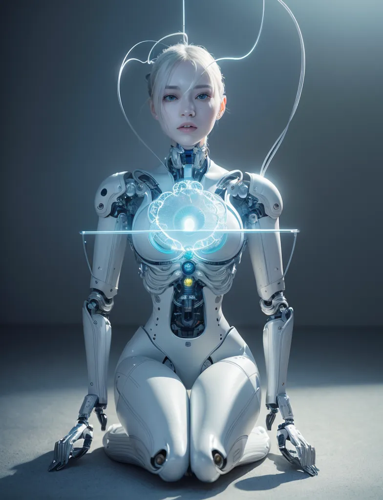 The image depicts a kneeling gynoid with white hair and blue eyes. She is wearing a white bodysuit with a large glowing blue orb in her chest. The orb is connected to her head by a series of wires. The gynoid is also kneeling on the ground.