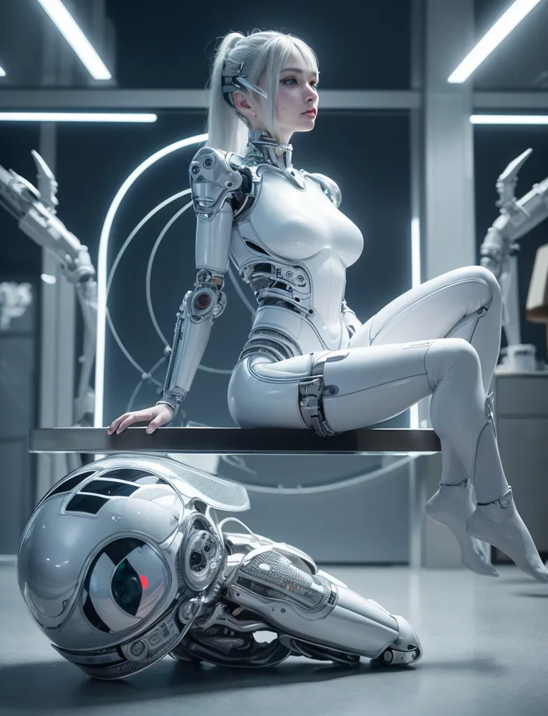 The image depicts a beautiful, lifelike female robot with long white hair and blue eyes. She is wearing a white bodysuit that covers her entire body, and she is sitting on a table in a futuristic setting. The robot is looking to the right of the frame, and her expression is one of calm confidence. The background of the image is a blur of white and gray, with no discernible features.