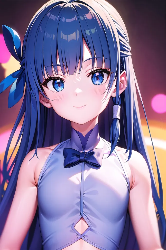 The image shows a young woman with long blue hair and blue eyes. She is wearing a blue and white outfit with a bow on the chest. She has a small smile on her face and is looking at the viewer. The background is a blur of pink and yellow lights.