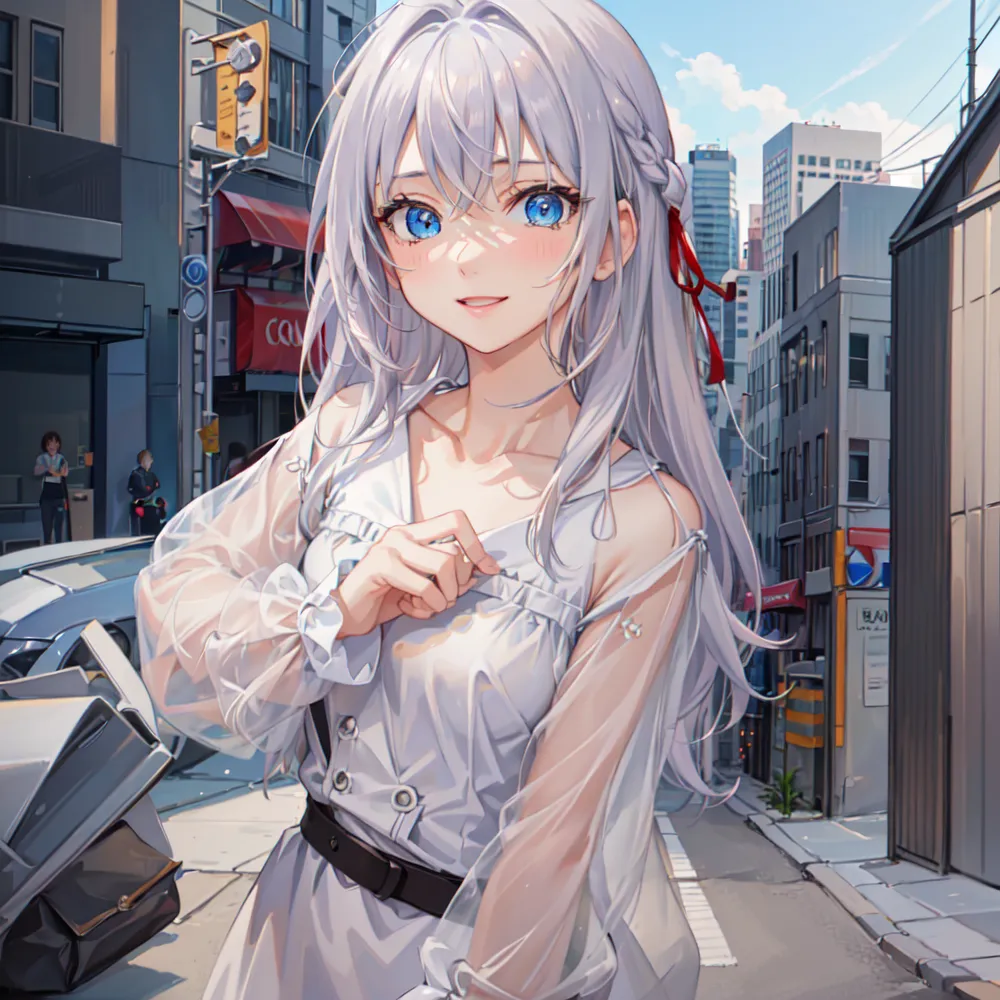 The image is a painting of a young woman with long white hair and blue eyes. She is wearing a white dress with a black belt and a red ribbon in her hair. She is standing in a city street with tall buildings on either side. The street is lined with trees and there are cars parked on the side of the road. The woman is smiling and looking at the viewer.