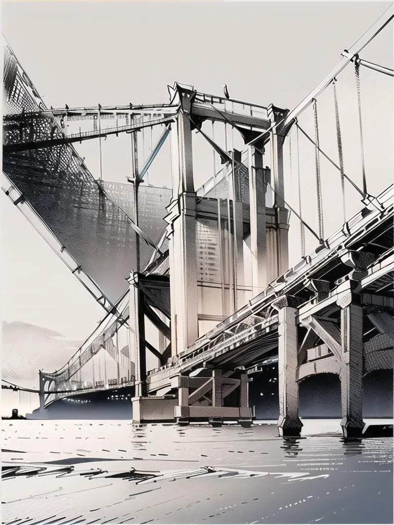 La imagen es un dibujo en blanco y negro de un puente. El puente es un puente colgante, con dos torres grandes que sostienen una calzada larga y curva. También hay dos puentes más pequeños a cada lado del puente principal. La imagen está dibujada en un estilo realista, y el artista ha utilizado el sombreado para crear una sensación de profundidad y atmósfera. La imagen también es bastante grande, lo que la hace aún más impresionante.