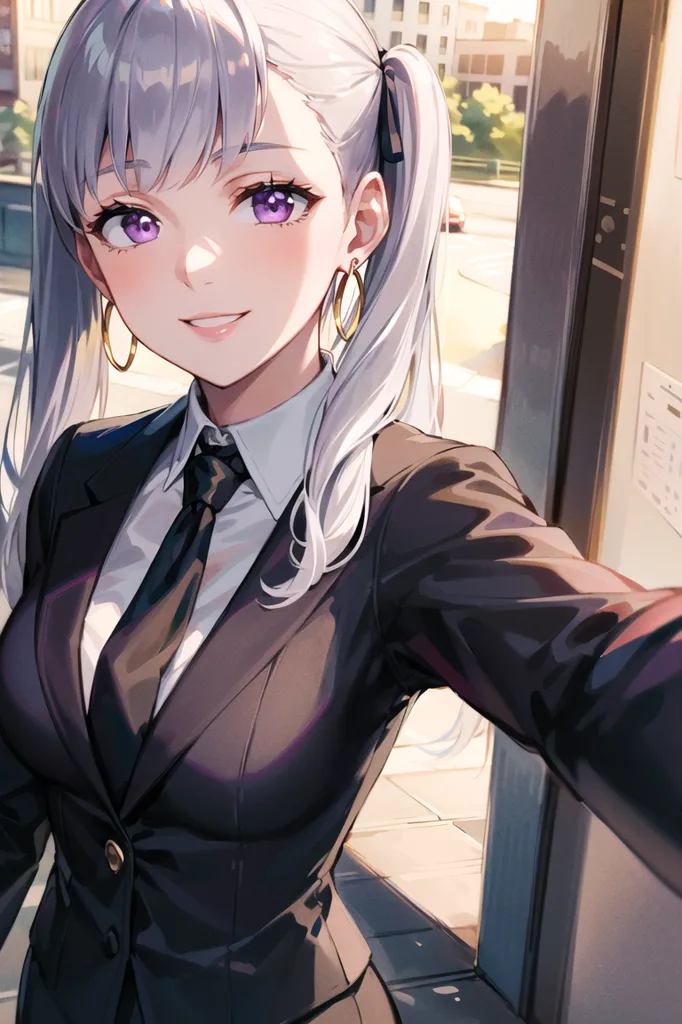 The image shows a young woman with silver hair and purple eyes. She is wearing a black suit jacket and a white shirt. The jacket is unbuttoned, revealing a black camisole underneath. She is also wearing a black tie. Her hair is tied back in two ponytails. She is smiling at the camera and has one hand holding the camera to take a selfie. She is standing in front of a door.