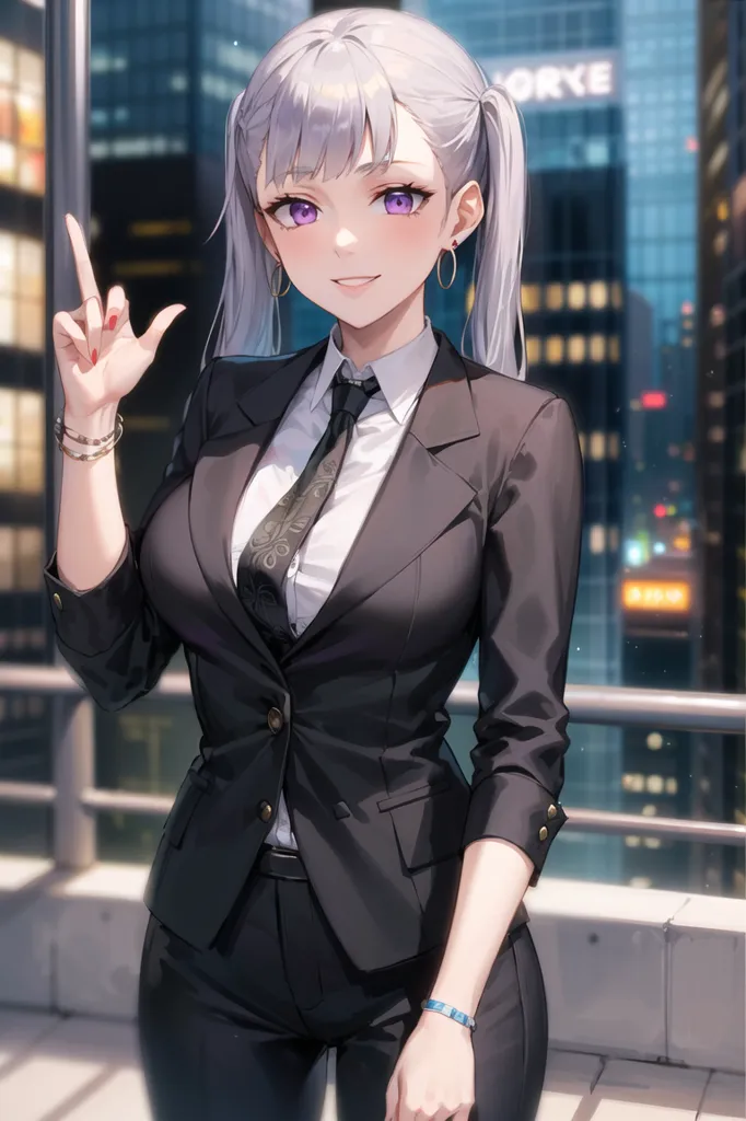 The image shows a young woman with silver hair and purple eyes. She is wearing a black suit jacket and pants with a white dress shirt and tie. She is standing on a rooftop with a city in the background. She has a confident smile on her face and is pointing with one finger.