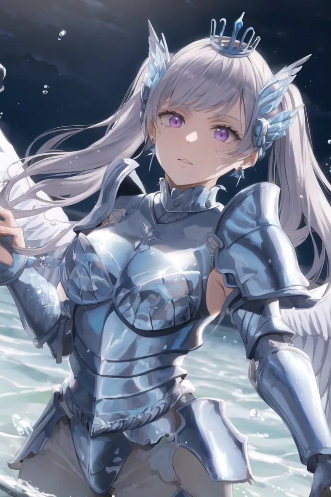 The picture shows a girl with long white hair and purple eyes. She is wearing a silver armor and a crown. There are two white wings on her head. She is standing in the water.