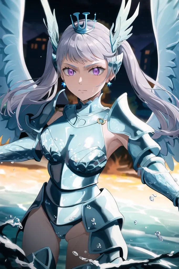 The picture shows a girl with long silver hair and purple eyes. She is wearing a revealing silver armor with a crown on her head and has large white wings. She is standing in a body of water, with water splashing around her.