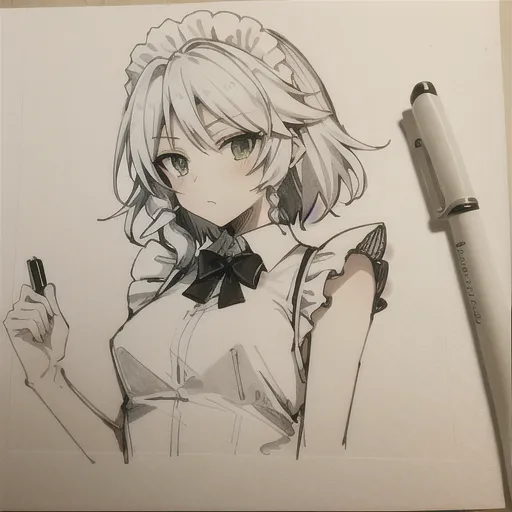 The image is a pencil drawing of a young woman in a maid outfit. She has short white hair and green eyes. She is wearing a white dress with a black bow tie. She is holding a pen in her right hand. The drawing is done in a realistic style and the artist has paid attention to detail. The image is likely to be a fan art of a character from an anime or manga series.