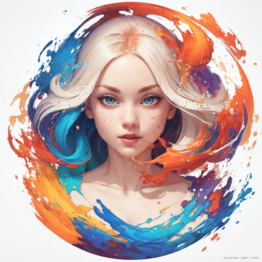 L'image est un portrait d'une jeune femme aux longs cheveux blonds ondulants avec des reflets bleus et oranges. Elle a les yeux bleus et une expression sereine sur le visage. L'arrière-plan est un tourbillon de peinture bleue, orange et violette. L'image est réalisée dans un style réaliste et la beauté de la femme est frappante.