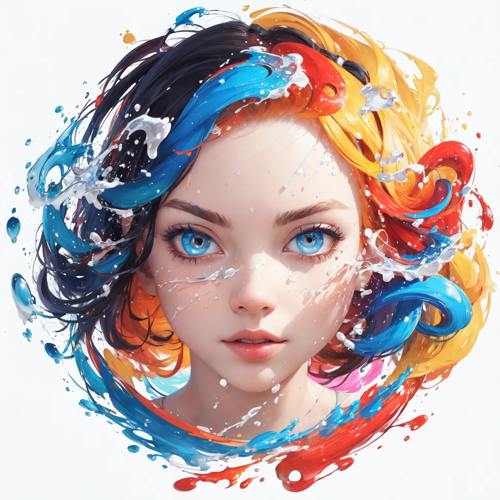 The image is a portrait of a young woman with long, flowing hair that is split into three colors. The left side of her hair is black, the middle is blue, and the right side is yellow. The woman's eyes are blue and her skin is fair. She is wearing a white shirt and there is a colorful splash of paint surrounding her head. The background is white.