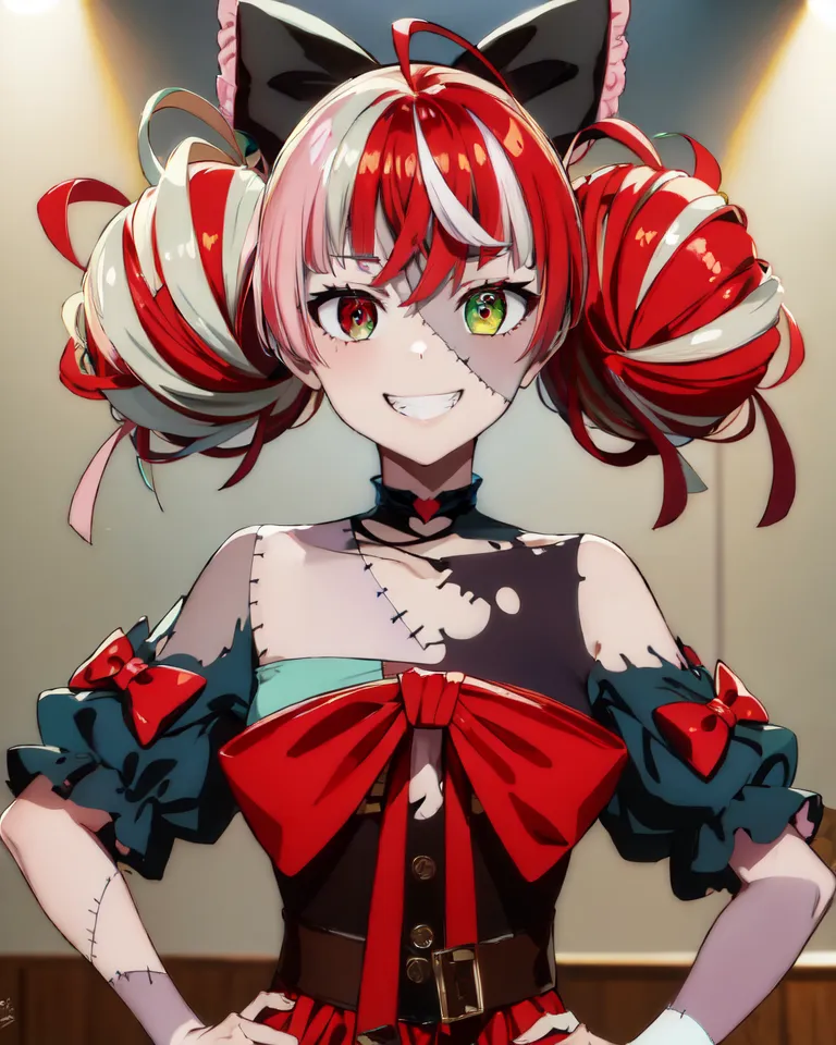 This is an image of a young woman with pink and red hair tied up in twin buns. She has green eyes and a wide smile on her face. She is wearing a red and white striped dress with a large red bow at the front. There is a large red ribbon in her hair and she has a choker around her neck. She is standing with her hands on her hips. There are two large spotlights shining on her.