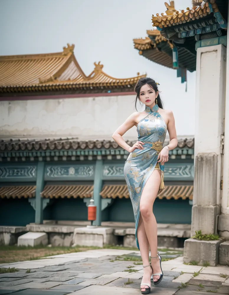 La imagen muestra a una mujer joven que lleva un cheongsam (qipao) azul de pie en un patio. El patio tiene un estilo arquitectónico chino tradicional, con un techo de tejas y paredes rojas. La mujer está posando con las manos en las caderas y mira a la cámara con una expresión confiada. Lleva zapatos de tacón alto.