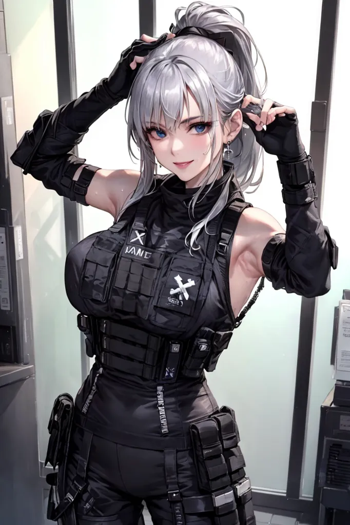 The image depicts a young woman with silver hair tied back in a ponytail. She is wearing a black tactical vest with a white X on the front and black gloves. There are pockets and straps all over the vest. She is also wearing black pants and boots. She has a small smile on her face and is looking at the viewer. She is standing in front of a white background with a door on the left and a filing cabinet on the right.