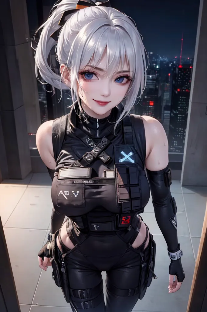 This is an image of a young woman with white hair and blue eyes. She is wearing a black and gray bodysuit with a harness and a utility belt. She has a confident smile on her face and is looking at the viewer. She is standing in a modern city with skyscrapers in the background.