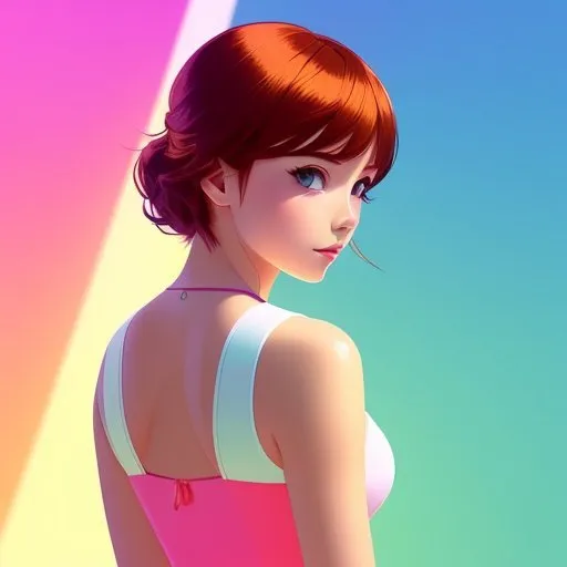 This is an image of a young woman with red hair and blue eyes. She is wearing a pink and white swimsuit. The background is a rainbow of various colors, including pink, blue, green, and yellow. The woman is looking over her shoulder at the viewer with a slight smile on her face.