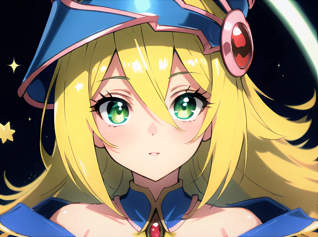 The image is a portrait of a young woman with long, flowing yellow hair and green eyes. She is wearing a blue and white hat with a red gem in the center. She is also wearing a blue and white outfit. The background is dark blue with a crescent moon on the right side.