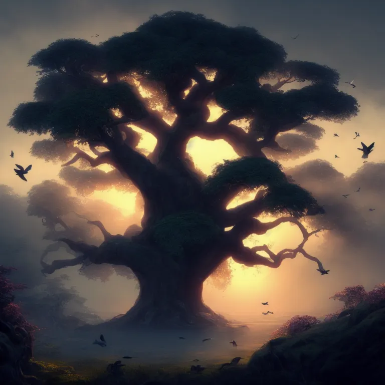 The image is a dark fantasy landscape. A large, ancient tree is in the center of the image. The tree has a large, gnarled trunk and branches that reach out to the sky. The leaves of the tree are a deep green. The tree is surrounded by a dark forest. The ground is covered in moss and fallen leaves. There is a large rock in the foreground of the image. The rock is covered in moss and lichen. There is a small stream of water flowing next to the rock. The sky is dark and cloudy. There is a bright light coming from the top of the tree. The light is illuminating the tree and the surrounding forest. There are birds flying around the tree. The birds are black and white. The image is very detailed and realistic.