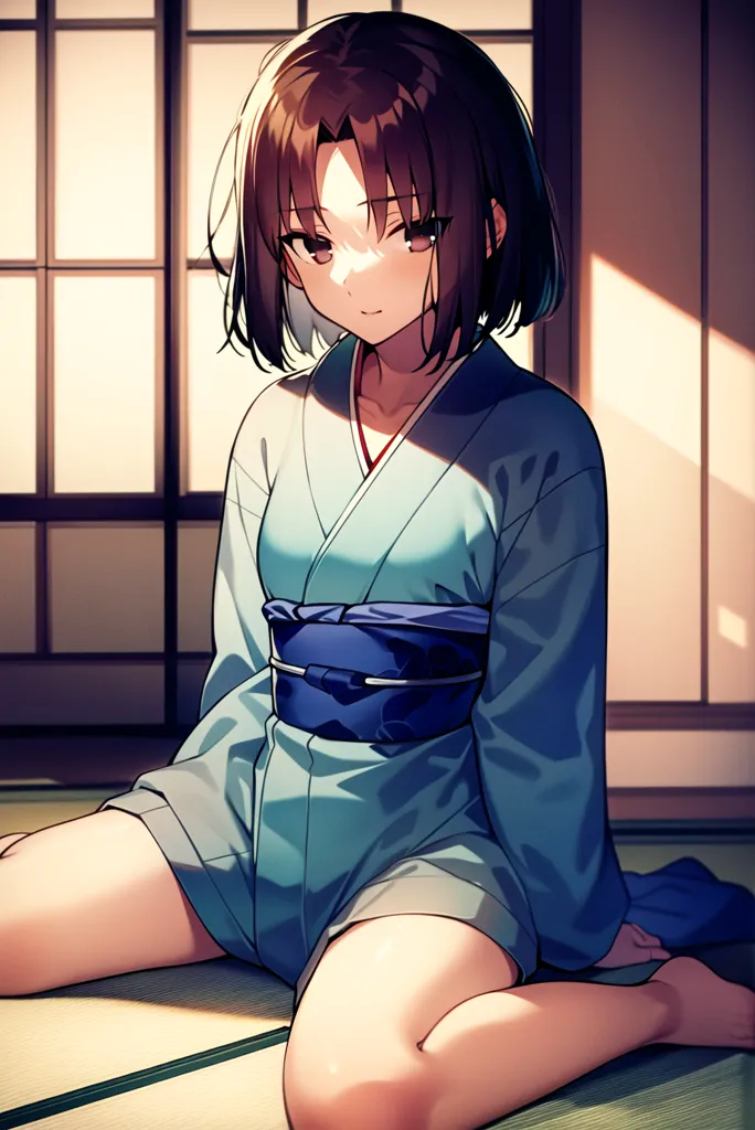 The image shows a young woman, sitting on the floor in a seiza position. She is wearing a blue kimono with a white obi sash. Her long brown hair is let down and she has a gentle smile on her face. The background is a traditional Japanese room with a shoji screen and tatami mats.