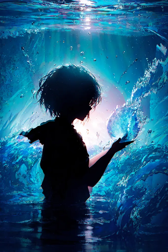 This is an image of a person standing in water. The water is up to their waist. They are holding a glowing orb in their hand. The orb is about the size of their head. The person is looking at the orb. They have short hair. The person is wearing a dark colored shirt. The background is a bright light. There are waves in the water.