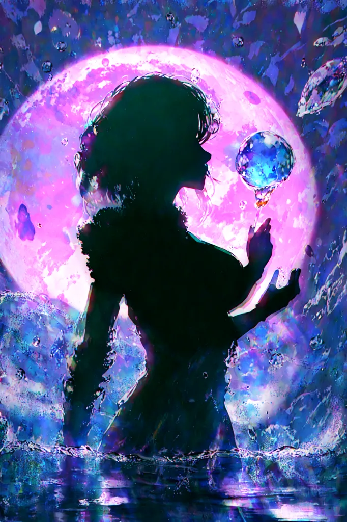 The image is a painting of a girl standing in the ocean. The girl is lifting a bubble with her right hand. The bubble is in front of her face. The girl is looking at the bubble. The girl is standing in front of a full moon. The moon is pink and purple. The ocean is dark blue. The sky is dark blue. The image is very colorful and has a lot of detail. The girl is wearing a dark blue dress. The dress is sleeveless. The girl's hair is long and dark blue. The girl's eyes are closed. The image is very peaceful and serene.