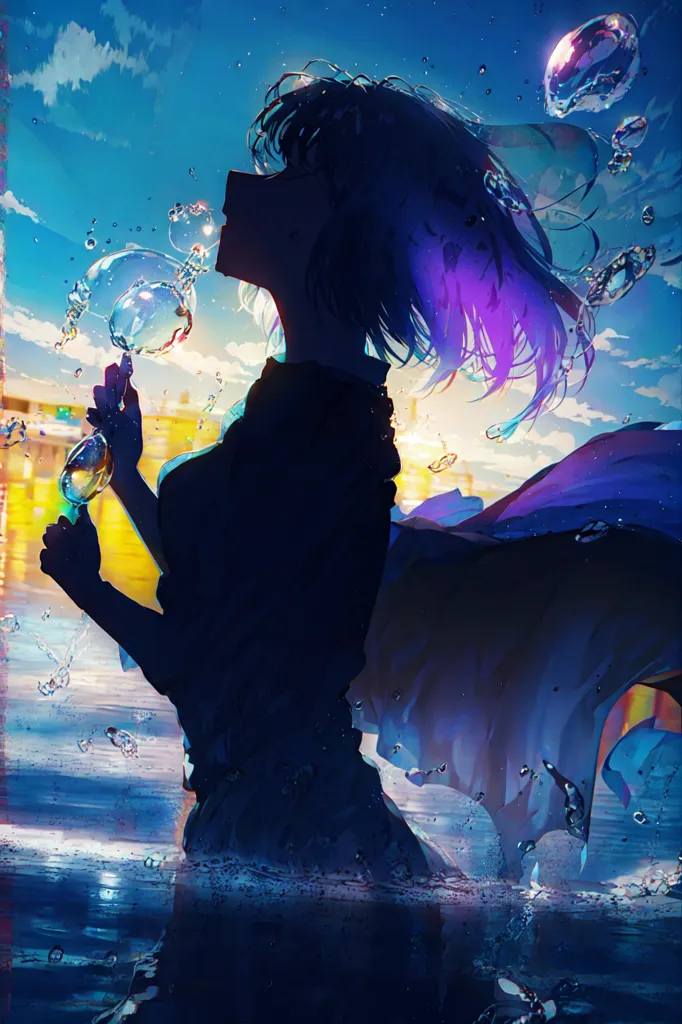 The image is a painting of a girl blowing bubbles. She is standing in the water, with the bubbles floating around her. The girl is wearing a dark blue dress. She has long purple hair. The background is a bright blue sky with some puffy white clouds. The painting is done in a realistic style, and the artist has used a variety of techniques to create a sense of depth and realism. The painting is also very colorful, with the use of bright blues and purples creating a vibrant and eye-catching image.