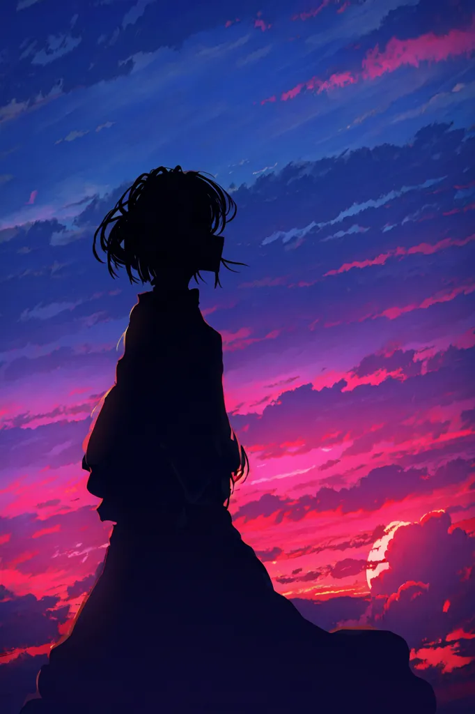 L'image est une silhouette d'une jeune fille debout sur une colline. Le ciel est un mélange vibrant d'oranges, de roses et de violets, avec le soleil qui se couche juste sous l'horizon. La jeune fille porte une longue robe et a les cheveux attachés en queue de cheval. Elle regarde la vue avec une expression paisible sur le visage. L'image est très apaisante et paisible, et elle évoque un sentiment de nostalgie.