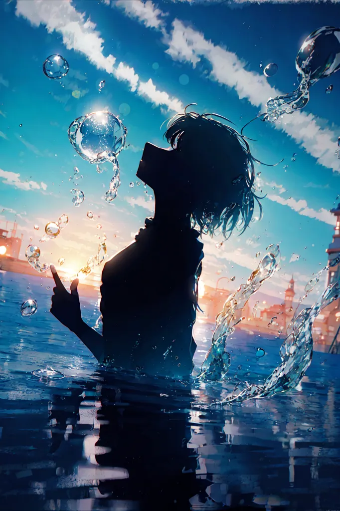 This is an image of a person standing in the ocean. The water is up to their waist. They are looking up at the sky, which is a bright blue with splashes of pink and purple. There are also some clouds in the sky, which are white and fluffy. The person is silhouetted, so we can't see their face or their body in detail. However, we can see that they are wearing a short-sleeved shirt and shorts. The water is splashing around them, and there are some bubbles in the water. There is a lighthouse in the distance.