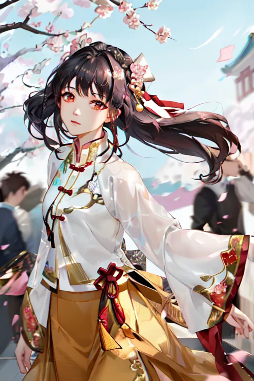 The image shows a young woman standing in a street with cherry blossoms falling around her. She is wearing a white and gold cheongsam with a red ribbon in her hair. The cheongsam has intricate gold and red detailing along with red and gold trim. She is also wearing a red and gold necklace and earrings. Her hair is long and black and her eyes are red. She is smiling and looks happy. There are people walking in the background.