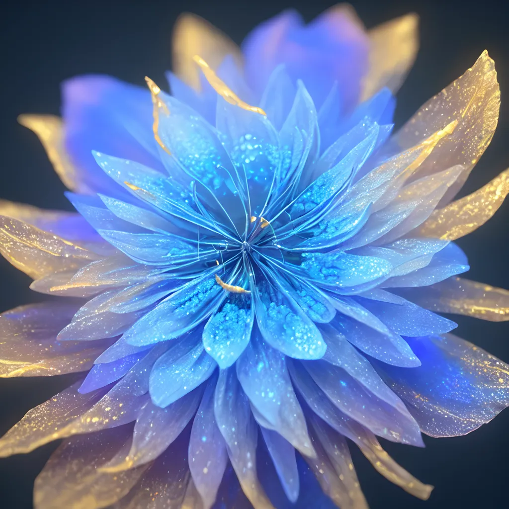 La imagen es un primer plano de una flor azul y dorada. Los pétalos de la flor son delicados y translúcidos, y están cubiertos de pequeñas gotas de agua. La flor está rodeada de un fondo oscuro, lo que la hace resaltar. La imagen es muy hermosa y es evidente que el artista ha dedicado mucho tiempo y esfuerzo a crearla.