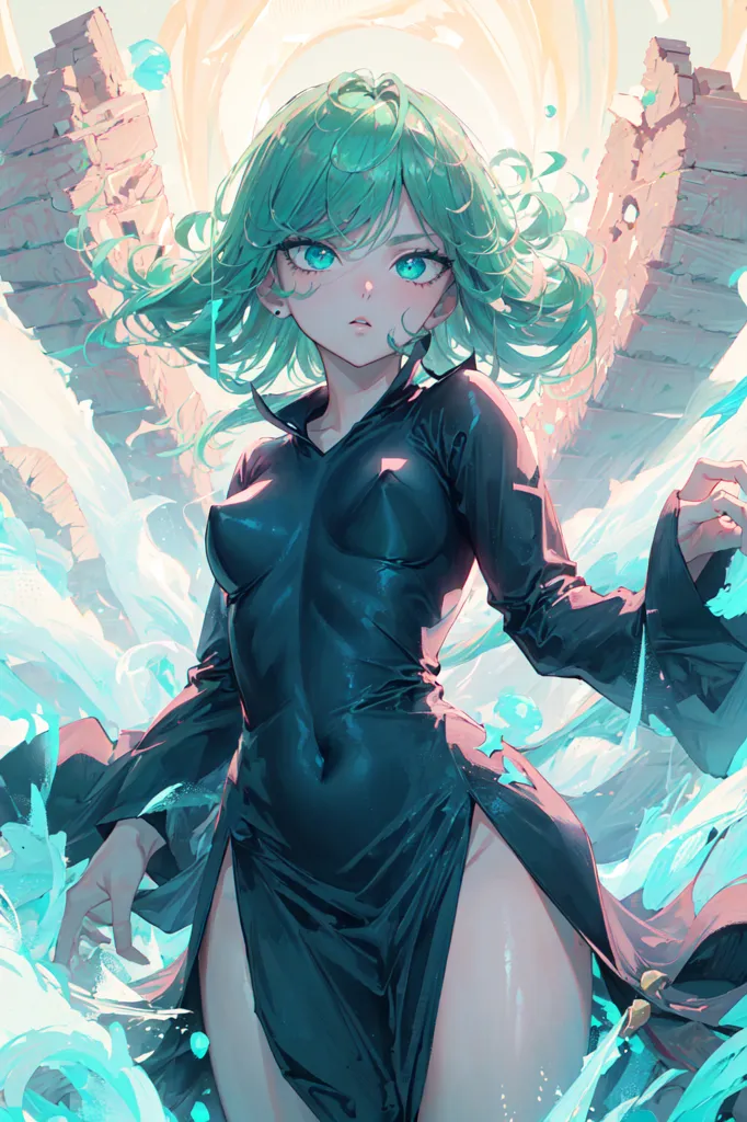 The image is of a young woman with green hair and blue eyes. She is wearing a black dress with a high collar and a thigh-high slit. She is standing in a ruined city, and there are large rocks floating in the air around her. The woman is looking at the viewer with a serious expression.