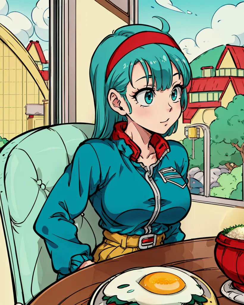 The image is of Bulma from the Dragon Ball series. She is sitting in a chair in a restaurant, with a plate of food in front of her. She is wearing a blue jacket and yellow pants, and her hair is in a ponytail. She is looking at the view outside the window. The restaurant is decorated with red and white checkered tablecloths and chairs. There are also plants and trees outside the window.