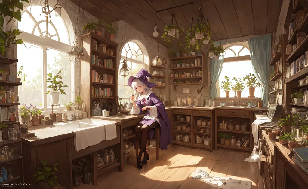 The image is a painting of a girl in a purple cloak sitting at a wooden table in a cottage. The cottage has three arched windows, and there are plants and bookshelves on the walls. The girl is holding a quill and writing in a book. There is a cat sleeping on the table. The painting is done in a realistic style, and the colors are muted and natural.