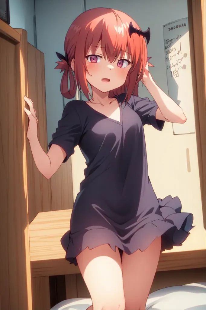 The image is of a young woman with pink hair and red eyes. She is wearing a purple dress and has horns on her head. She is standing in a bedroom, and there is a wooden cabinet behind her. The woman has a surprised expression on her face.