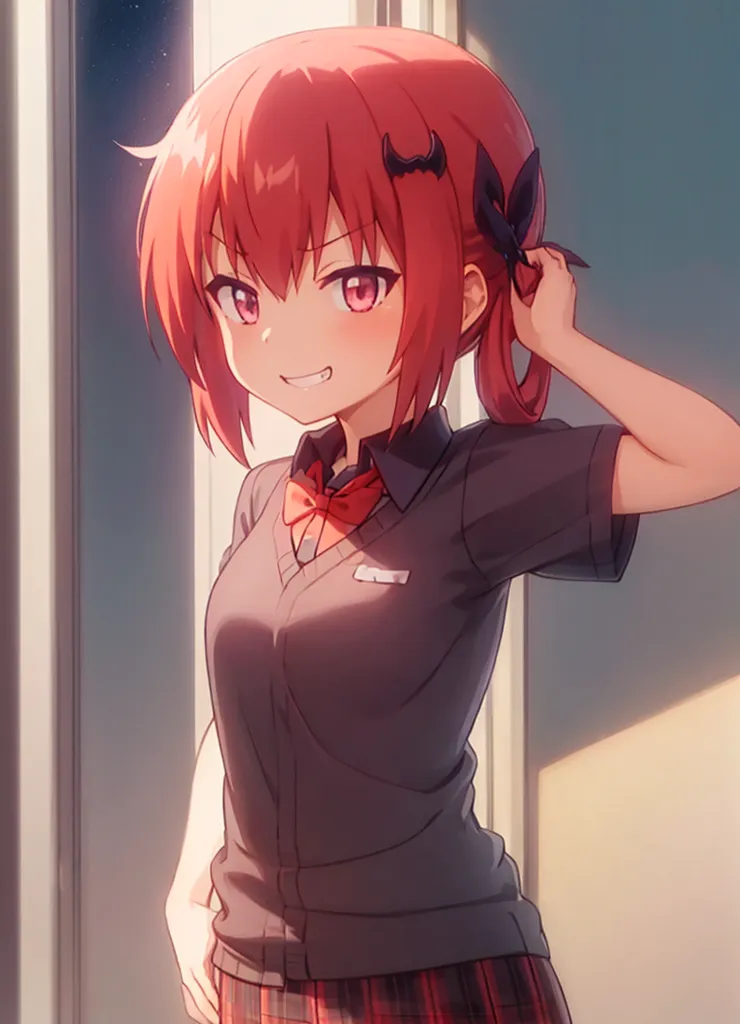 The image shows a young girl with red hair and red eyes. She is wearing a school uniform. The girl has a smug expression on her face and is looking at the viewer. She has a bat-shaped hair accessory in her hair.