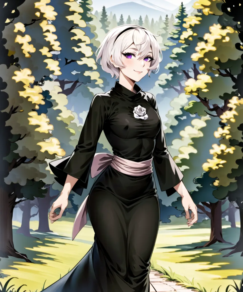 La imagen es de una hermosa chica de anime con el cabello corto y blanco y ojos morados. Ella está usando un cheongsam negro con una faja morada y una rosa blanca en su pecho. Ella está de pie en un bosque, rodeada de árboles altos. El sol brilla a través de los árboles, creando un patrón moteado en el suelo. La chica está sonriendo y se ve feliz y despreocupada.