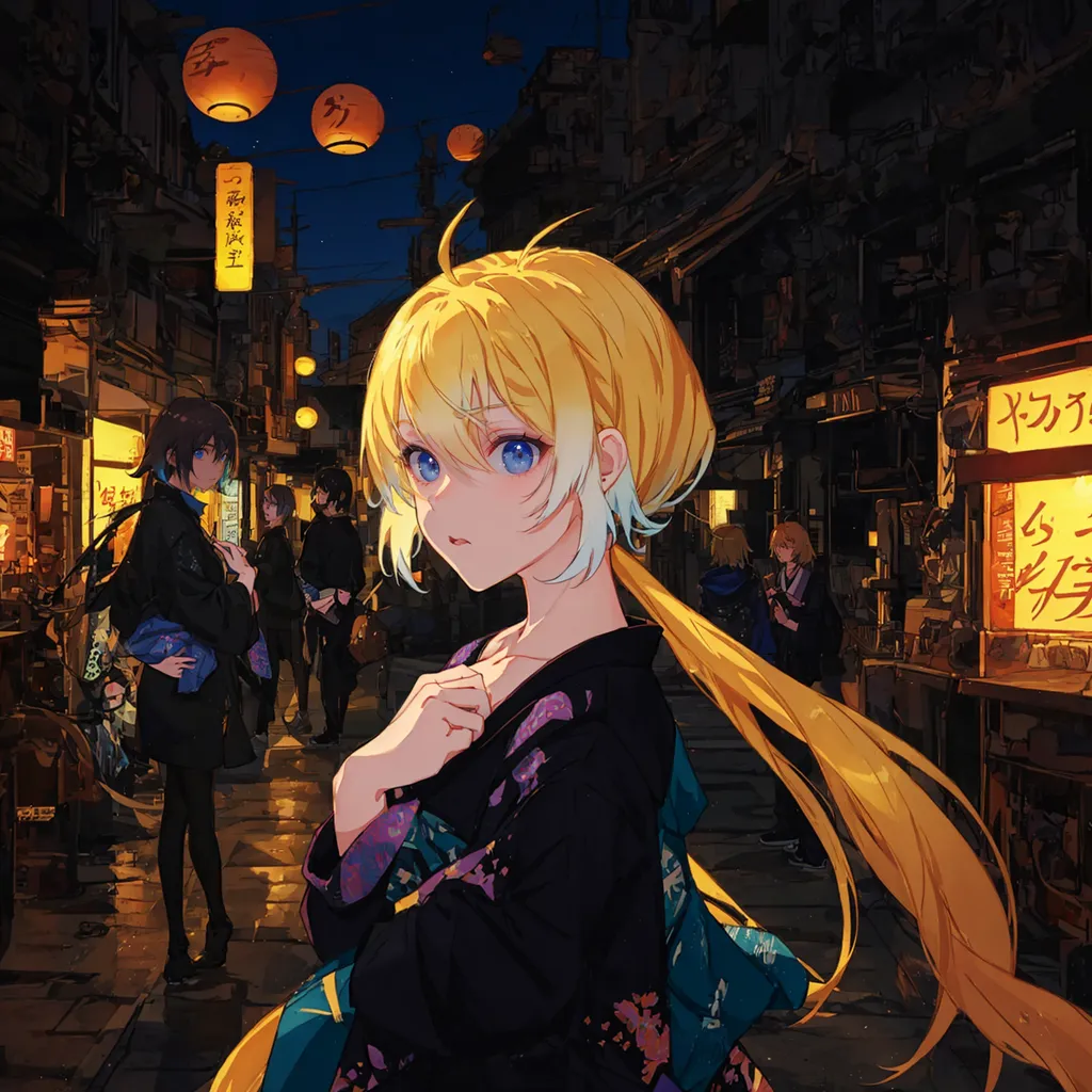 The image is a portrait of a young woman with long blonde hair and blue eyes. She is wearing a black kimono with a floral pattern and a yellow obi. She is standing in a street with paper lanterns hanging above her. There are people walking in the background. The image has a warm and inviting atmosphere.