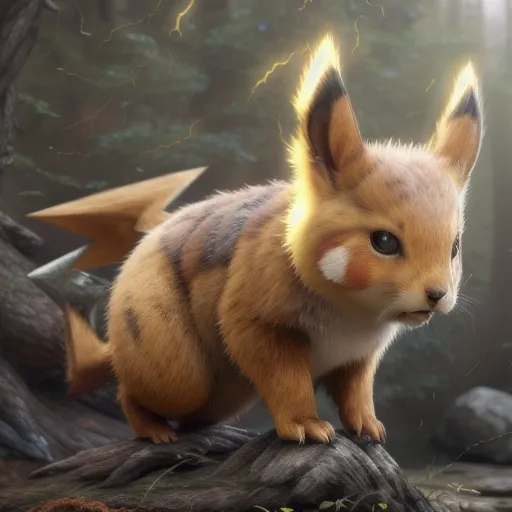 A imagem mostra uma representação realista de um Pikachu, um personagem popular da franquia Pokémon. O Pikachu está em pé em um galho de árvore em um cenário de floresta. Ele olha para o espectador com uma expressão curiosa. O Pikachu é coberto de pelos amarelos com listras marrons e tem uma cauda em forma de raio. Ele também está cercado por faíscas elétricas amarelas e brancas. O fundo da imagem é um borrão de árvores e folhas verdes.